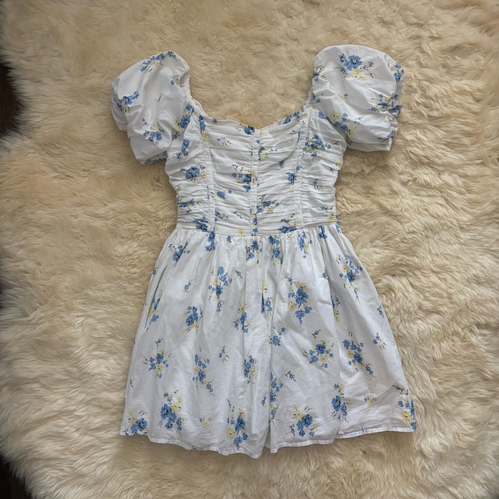 Hollister White Puff-Sleeve Mini Dress with Blue Floral and Smock Back